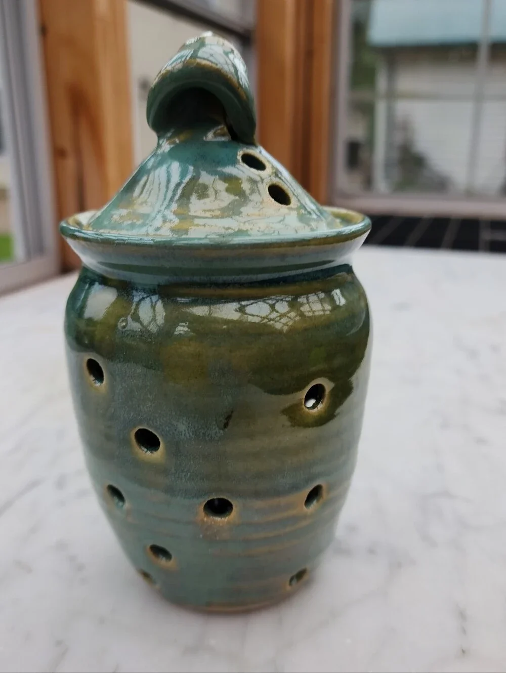 Holman Pottery Garlic Keeper Jar in Sea Pearl Green Ventilation Holes 6